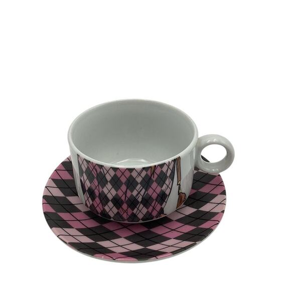 Queenwest Trading Co. Pink Plaid Tea Cup & Saucer Set 2-Piece - Picture 1 of 11